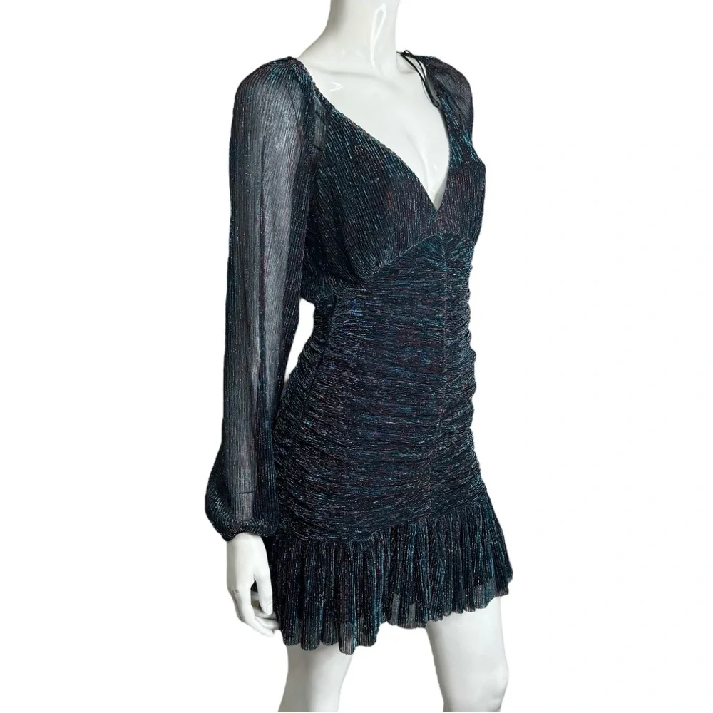 Skies Are Blue Runched Sheer Long Sleeve Black Teal Metallic Midi Dress - Picture 3 of 13